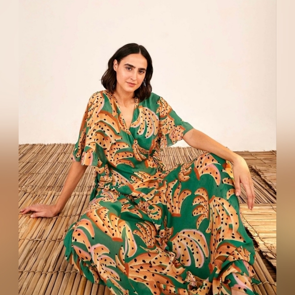 FARM Rio Green Maxi Dress with Peach and Black Banana Print